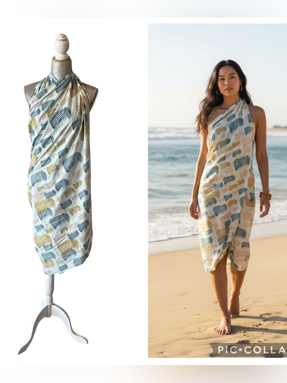 Batela Beige Multi Beach Cabana Print Cotton Sarong Scarf Wrap Size OS NWT